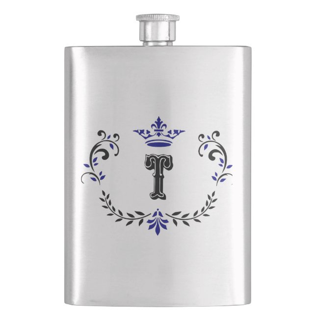 Crown Wreath Monogram 'T' Hip Flask (Front)