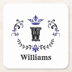 Crown Wreath Monogram 'W' Personalised Square Paper Coaster