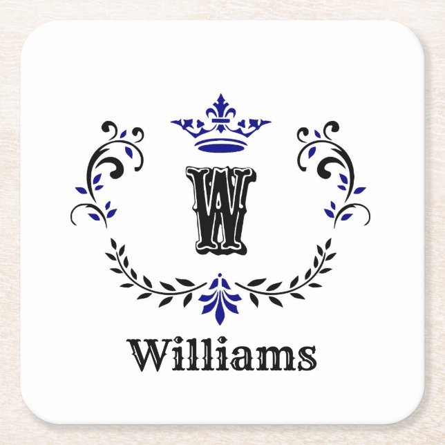 Crown Wreath Monogram 'W' Personalised Square Paper Coaster (Front)