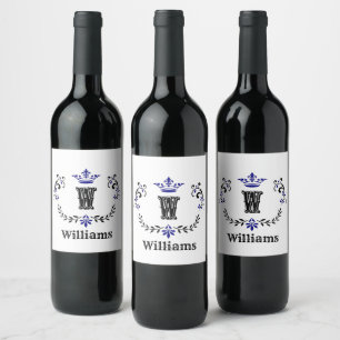 Crown Wreath Monogram 'W' Personalised Wine Label