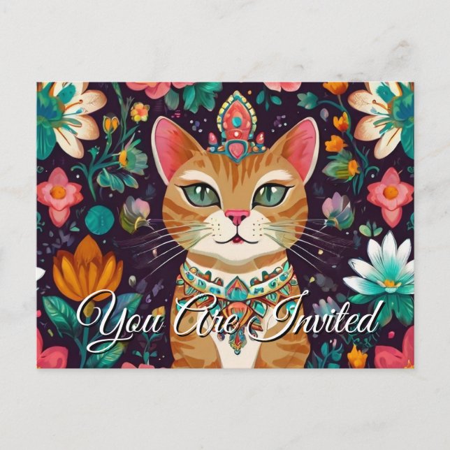 Crowned Bejewelled Cat  Invitation Postcard (Front)