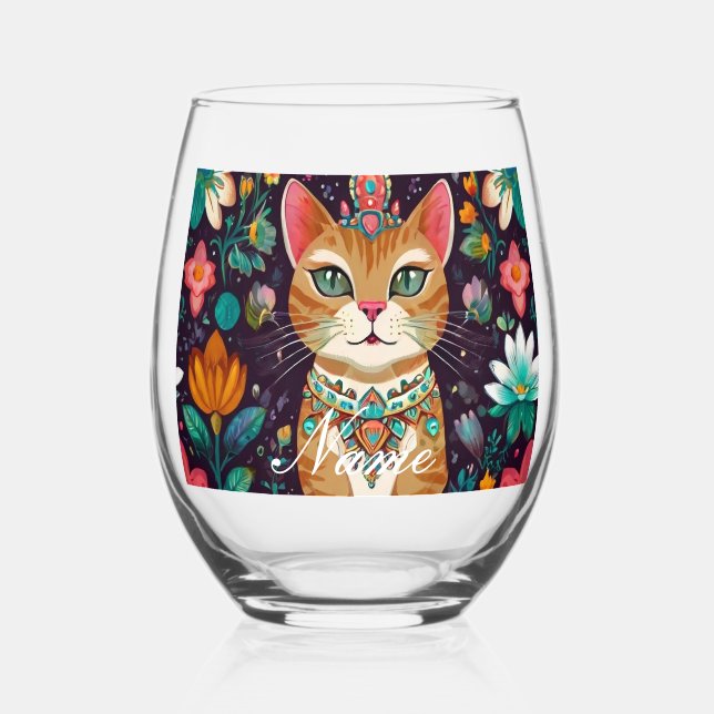 Crowned Bejewelled Cat  Stemless Wine Glass (Front)