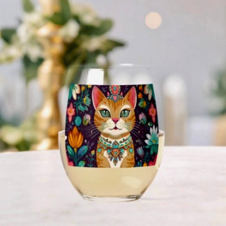 Crowned Bejewelled Cat Stemless Wine Glass