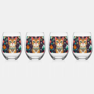 Crowned Bejewelled Cat Stemless Wine Glass