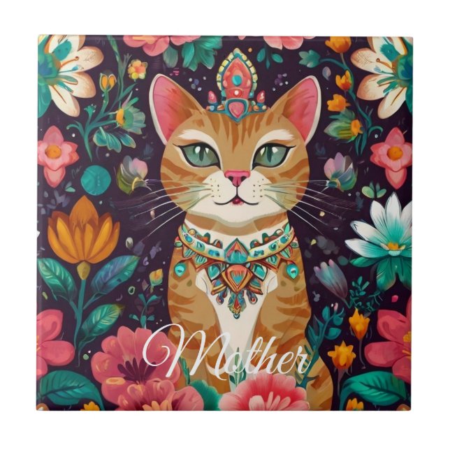 Crowned Bejewelled Cat  Tile (Front)