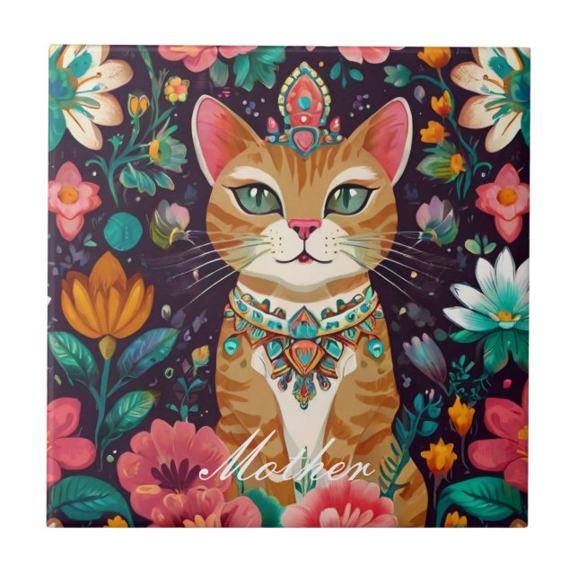 Crowned Bejewelled Cat  Tile (Front)