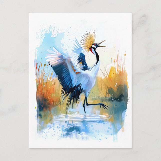 Crowned Crane Dancing in Water Holiday Postcard (Front)