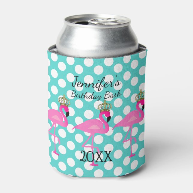 Crowned Flamingo Personalised Birthday Can Cooler (Can Front)