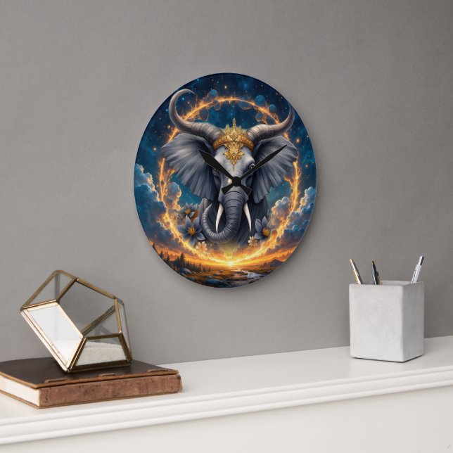 Crowned Guardian of the Celestial Gate the elefant Large Clock (Office)