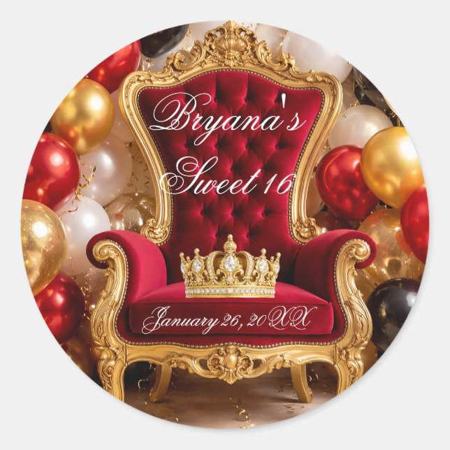 Crowned in Gold Royal Chair Birthday Party Classic Round Sticker (Front)
