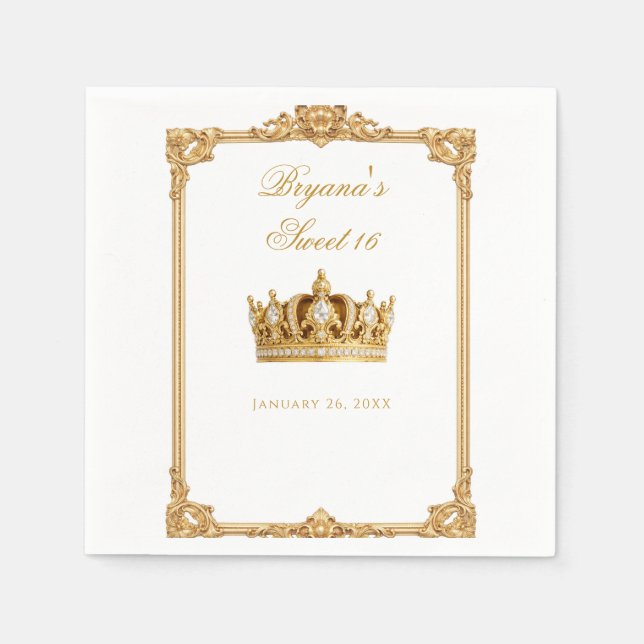 Crowned in Gold Royal Chair Birthday Party Napkin (Front)