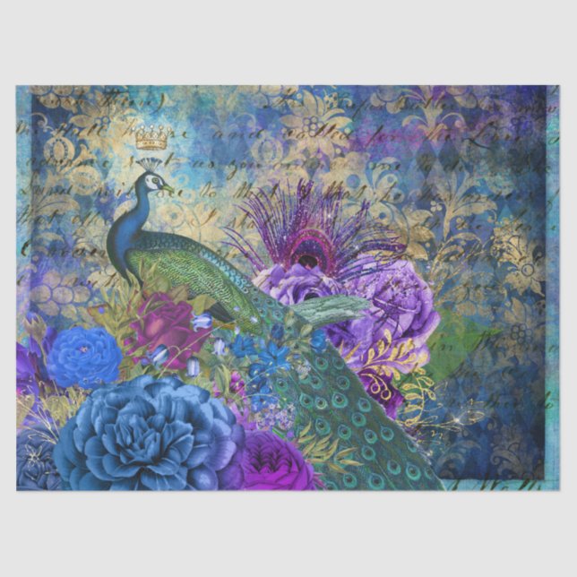 Crowned Peacock on Blue Purple Floral Decoupage Tissue Paper (Front)