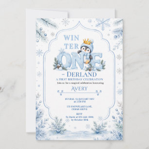 Crowned Penguin Winter ONEderland First Birthday Invitation