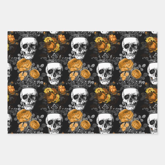 Crowned Skulls with Orange Roses Wrapping Paper Sheet (Front)