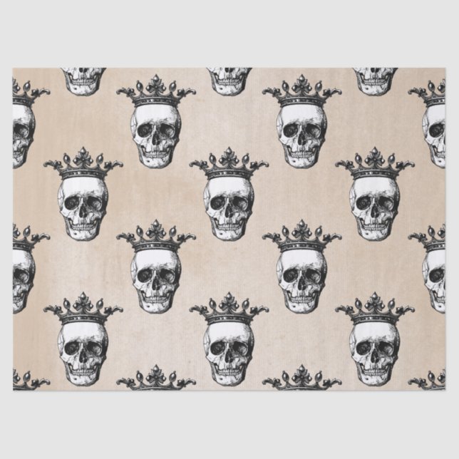 Crowned White Skulls on Tan Decoupage Tissue Paper (Front)