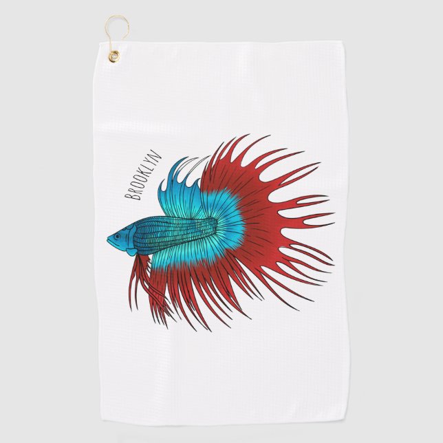 Crowntail betta fish cartoon illustration golf towel (Front)