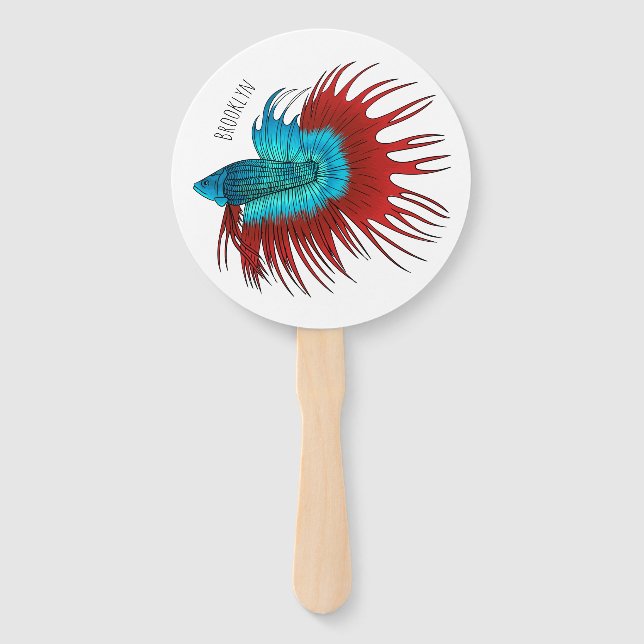 Crowntail betta fish cartoon illustration hand fan (Front)