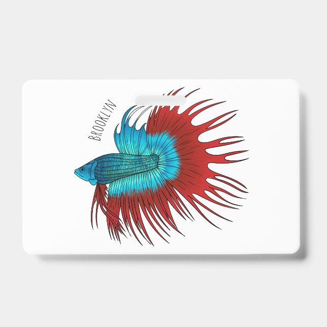 Crowntail betta fish cartoon illustration ID badge (Front)