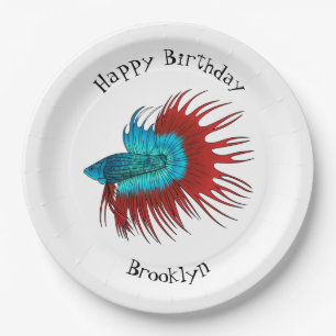 Crowntail betta fish cartoon illustration paper plate