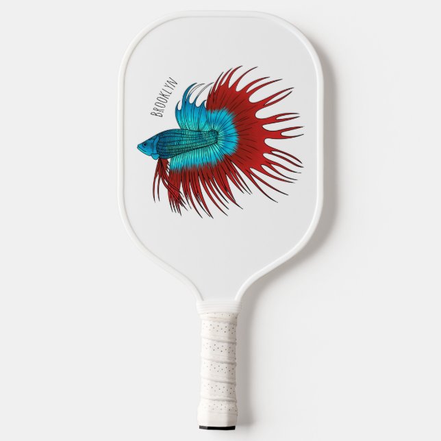 Crowntail betta fish cartoon illustration pickleball paddle (Back)