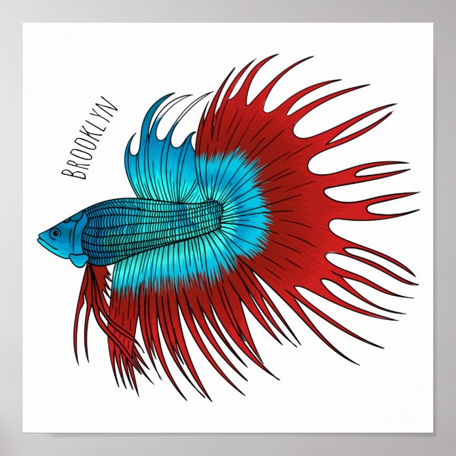 Crowntail betta fish cartoon illustration poster (Front)