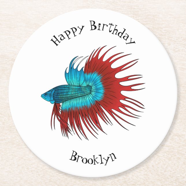 Crowntail betta fish cartoon illustration round paper coaster (Front)
