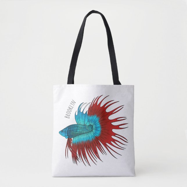 Crowntail betta fish cartoon illustration  tote bag (Front)