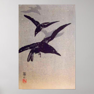 Crows Flying in Snow Poster