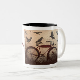 Crows gather on a red vintage bike Two-Tone coffee mug
