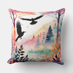 Crows in a Peaceful Colourful Forest Cushion