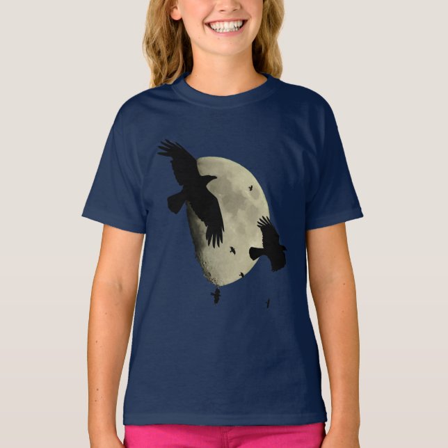 Crows In Flight Silhouetted Against A Large Moon T-Shirt (Front)