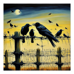 Crows on barbed fence 3 poster