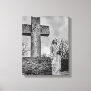 Crucifix and angel in black and white canvas print
