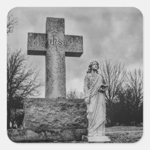 Crucifix and angel in black and white square sticker