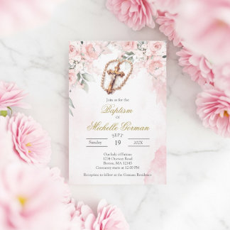 Crucifix pink floral baptism Invitation