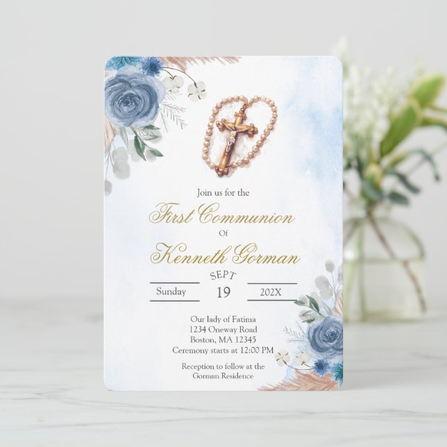 Crucifix pink floral first communion Invitation (Standing Front)