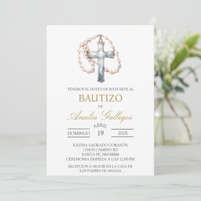 Crucifix Spanish baptism Invitation (Standing Front)