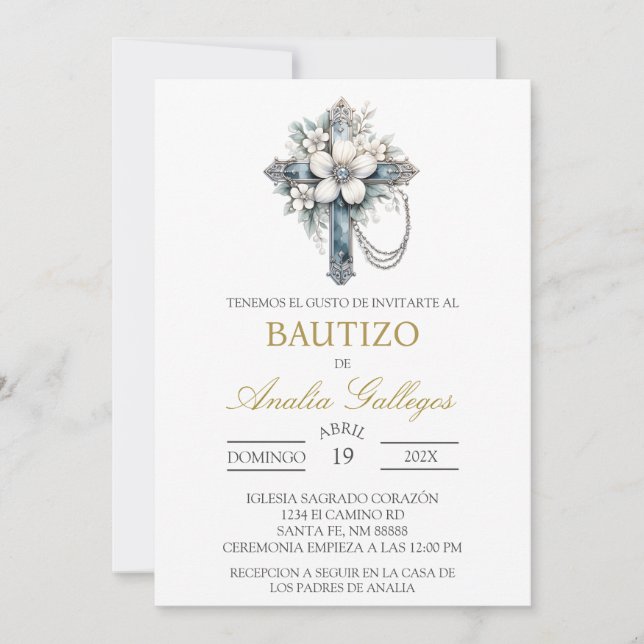 Crucifix Spanish baptism Invitation (Front)