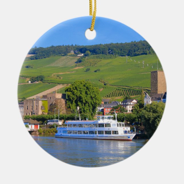 Cruise boat, Rudesheim, Germany Ceramic Tree Decoration (Front)