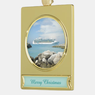 Cruise Ship at CocoCay Gold Plated Banner Ornament