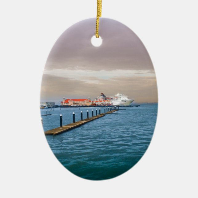 Cruise Ship At The Pier Ceramic Tree Decoration (Front)