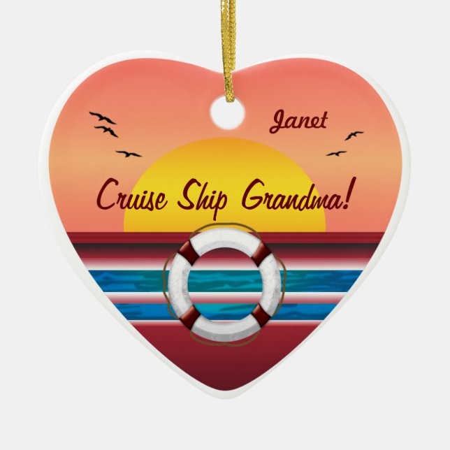 Cruise Ship Grandma - Personalised Heart Ceramic Tree Decoration (Front)
