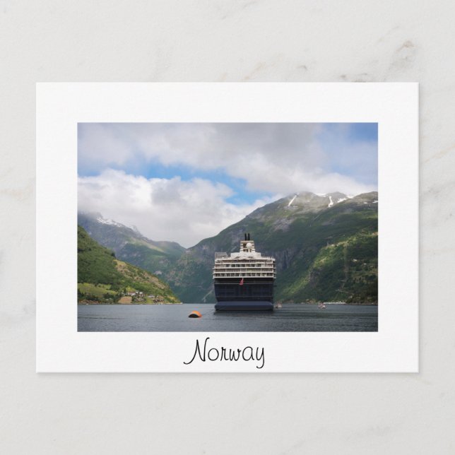 Cruise ship in Geirangerfjord white text postcard (Front)