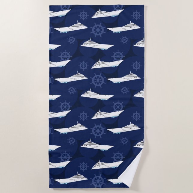 Cruise Ship Nautical Blue White Pattern Beach Towel (Front)
