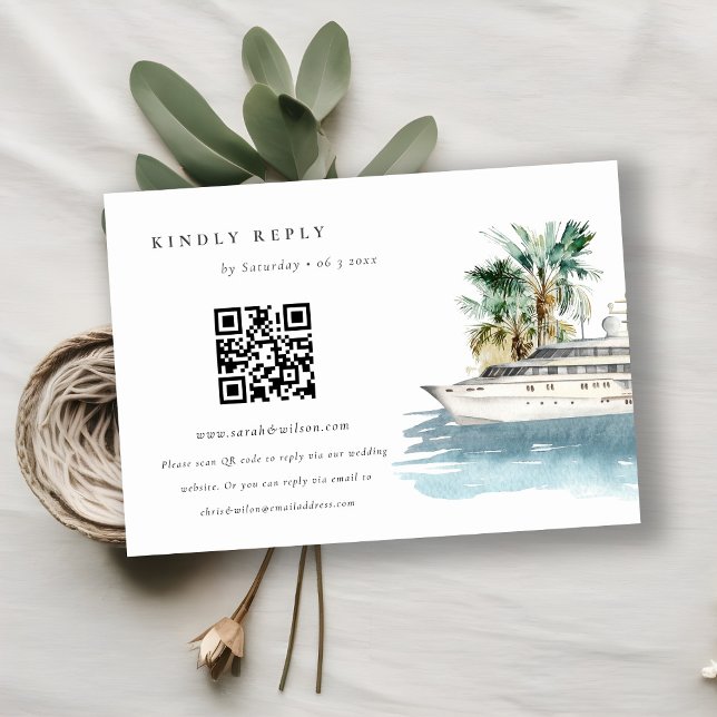 Cruise Ship Palm Seascape Wedding QR Code RSVP Enclosure Card (Creator Uploaded)