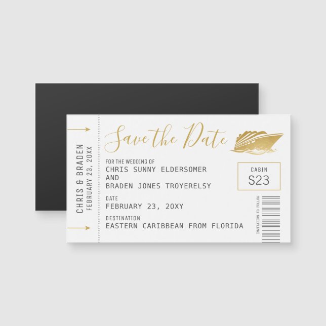 Cruise Ship Ticket Mini Save the Date Magnet Gold (Front/Back)