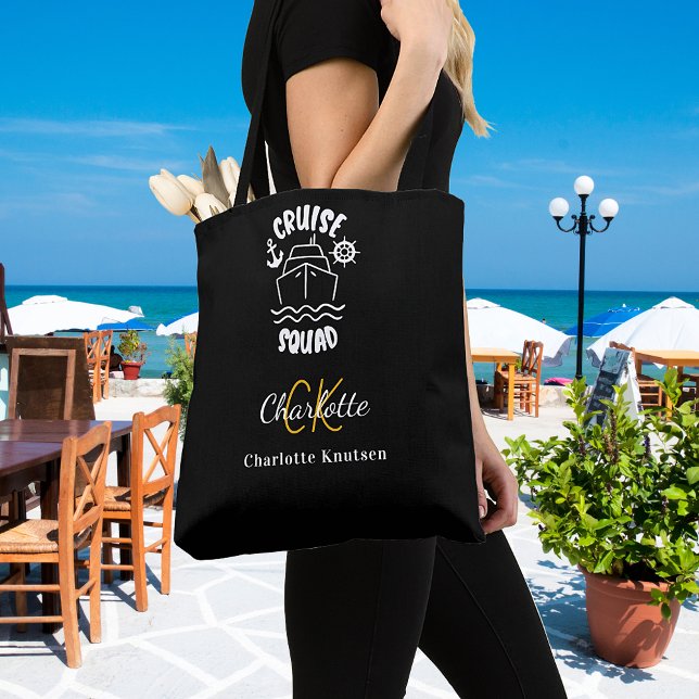 Cruise squad black white monogram name tote bag (Creator Uploaded)