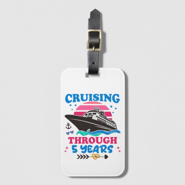 Cruising Through 5 Years Wedding Luggage Tag (Front Vertical)