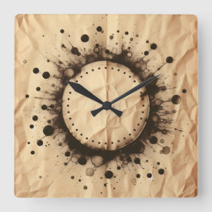 crumpled brown paper and coffee stain square wall clock