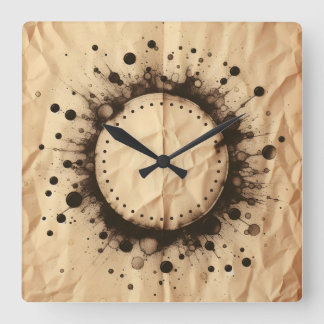 crumpled brown paper and coffee stain square wall clock
